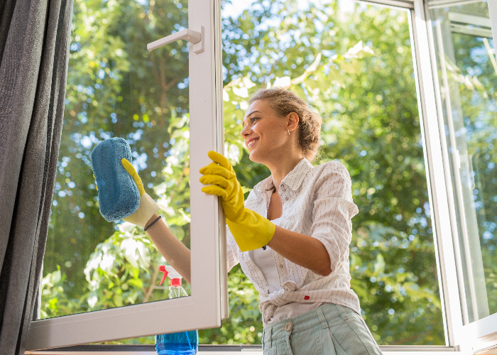 Woman cleaning Earthwise Casement windows.
