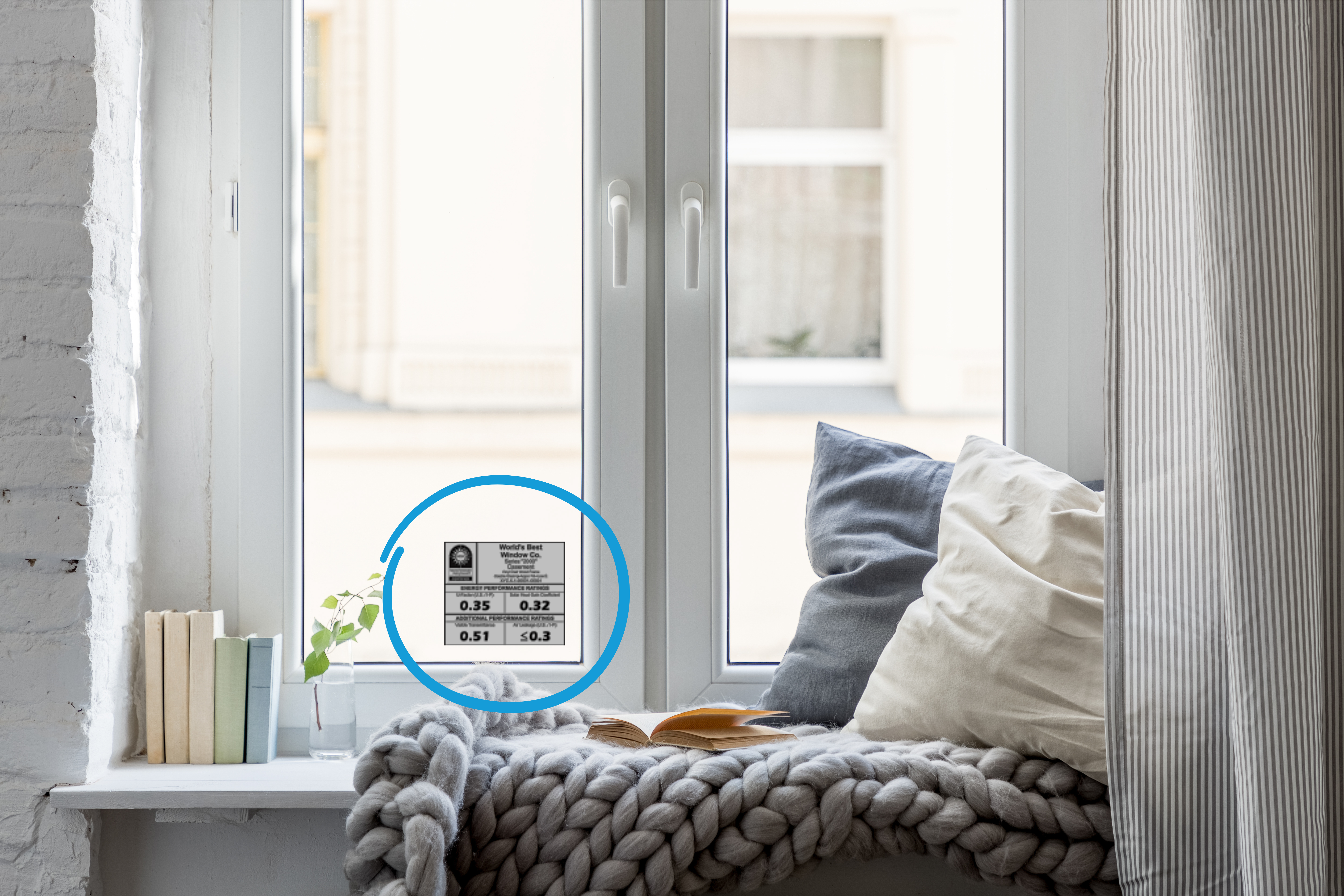 Casement bay windows with a white frame on them with an NFRC window label circled by a blue graphic marker. Pillows and blankets are in the window making it appear cozy.