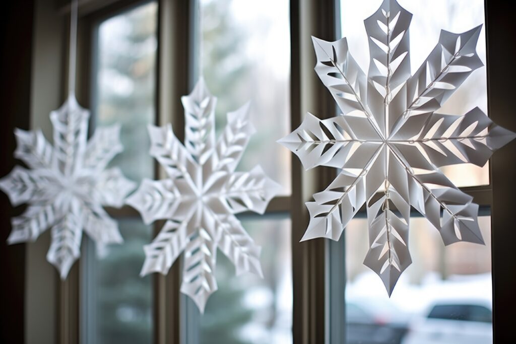 diy paper snowflakes hung in a window for a winter touch