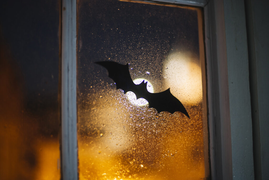 Halloween paper bat decorating window covered with raindrops