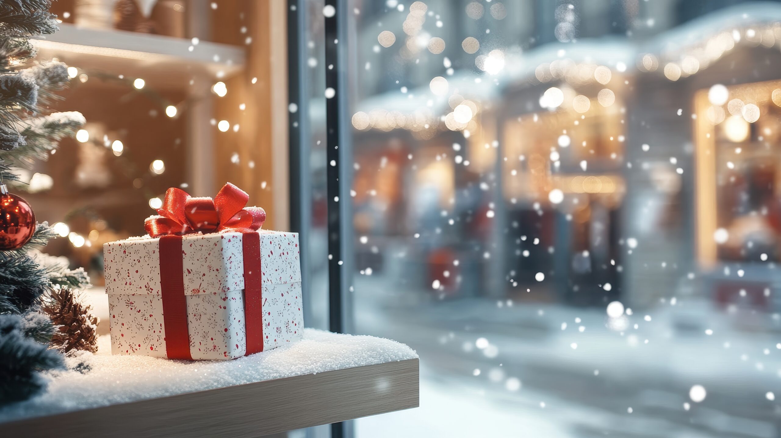 Cozy Christmas Window Display with Gifts and Snowfall