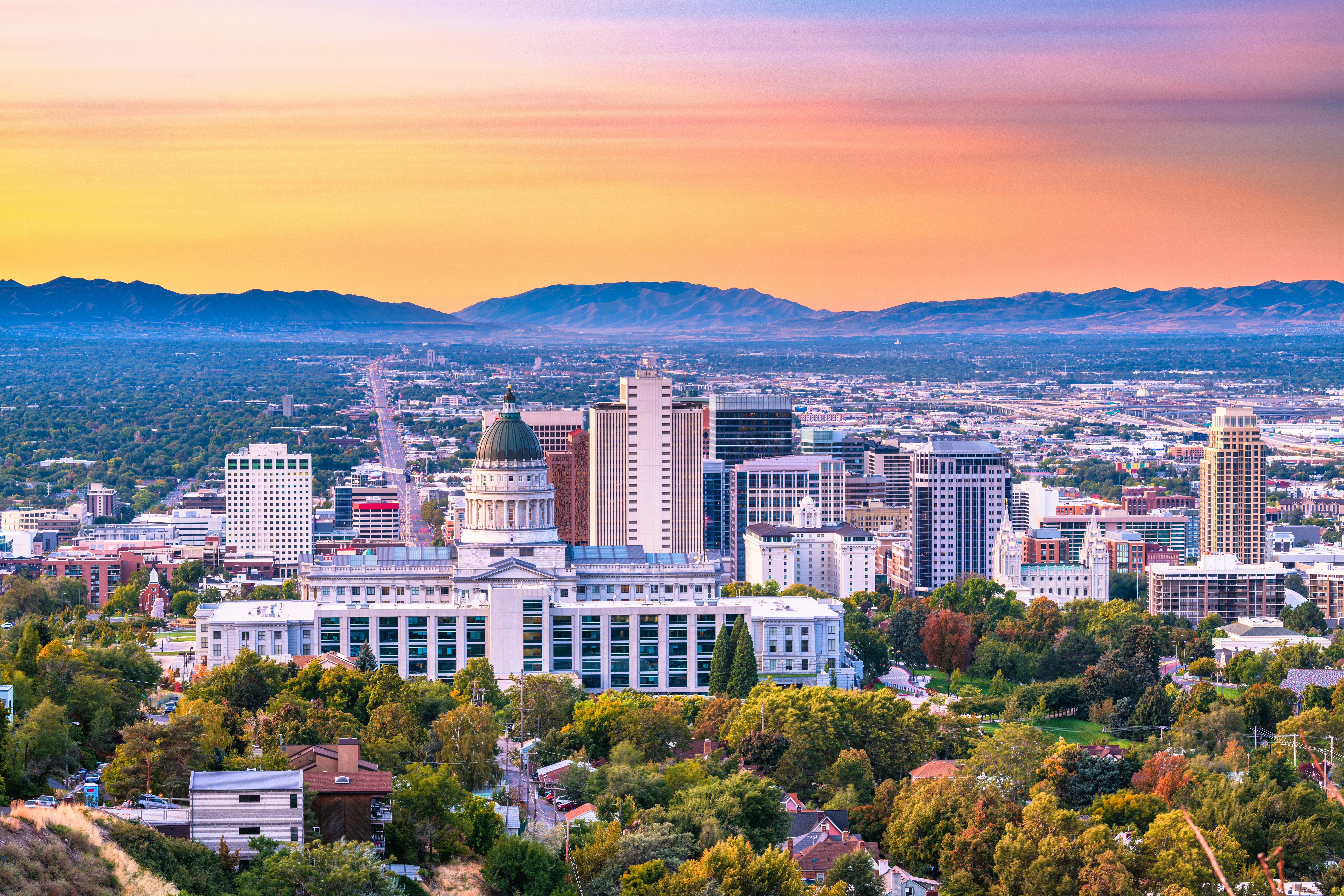 Salt Lake City, Utah, USA downtown city skyline at dusk.
